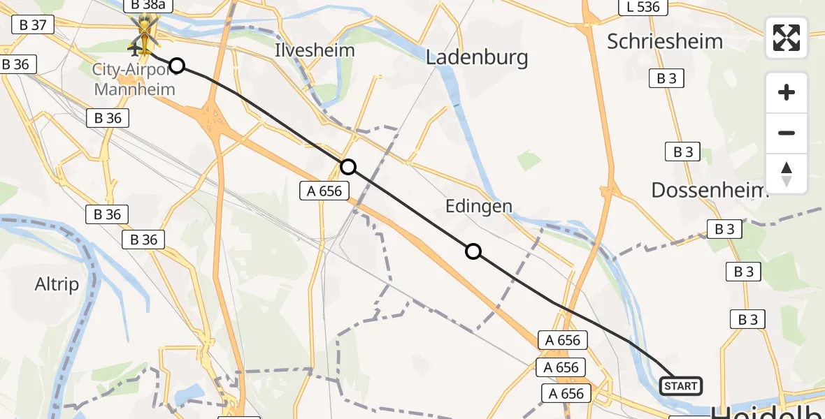 Flugroute Rettungshubschrauber Heidelberg - Mannheim-City Flughafen, 16 Juni 2026, 14:33
