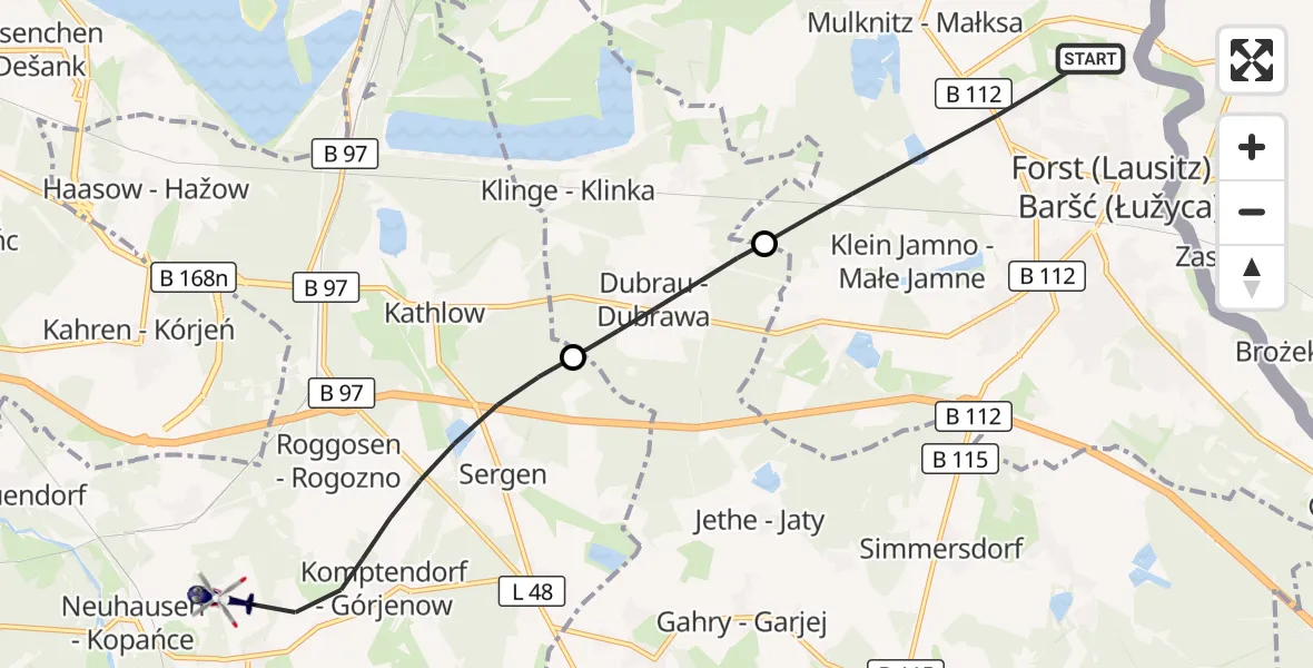 Flugroute Polizeihubschrauber Forst (Lausitz) - Neuhausen/Spree, 16 Juni 2026, 14:38