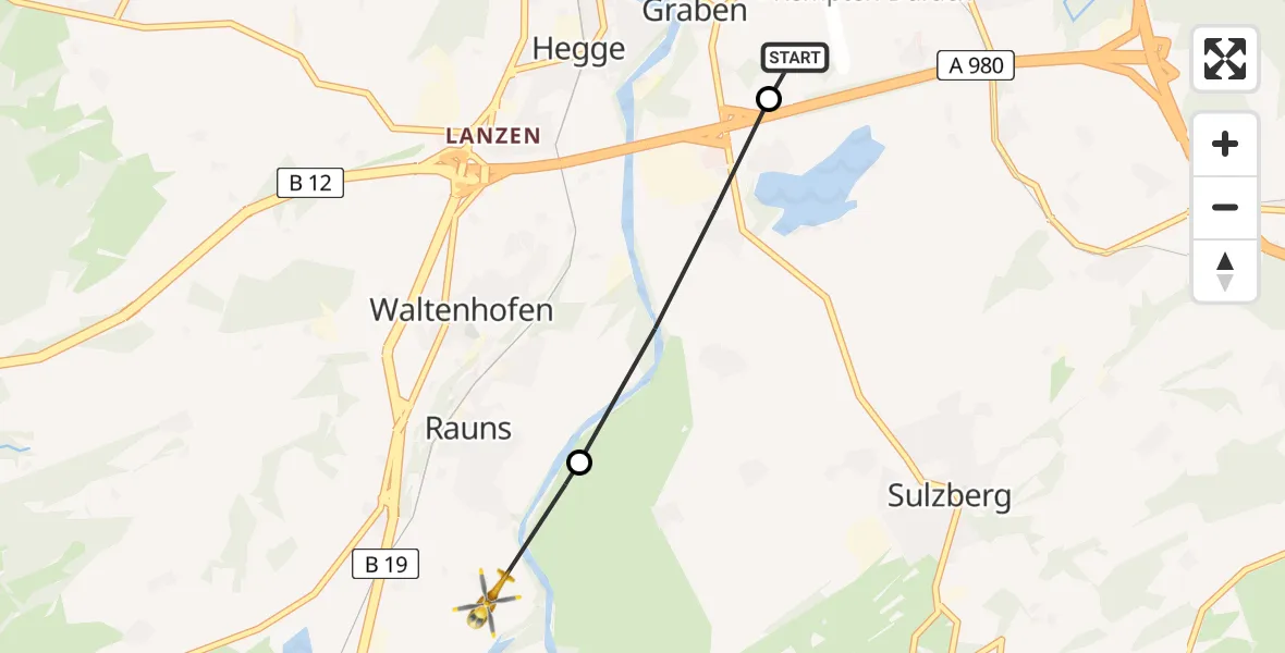 Flugroute Rettungshubschrauber Durach - Waltenhofen, 16 Juni 2026, 14:46