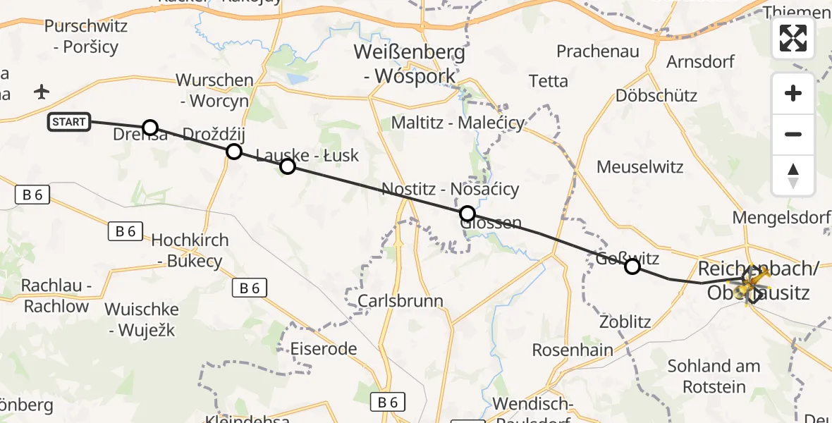 Flugroute Rettungshubschrauber Kubschütz - Reichenbach/O.L., 16 Juni 2026, 14:47