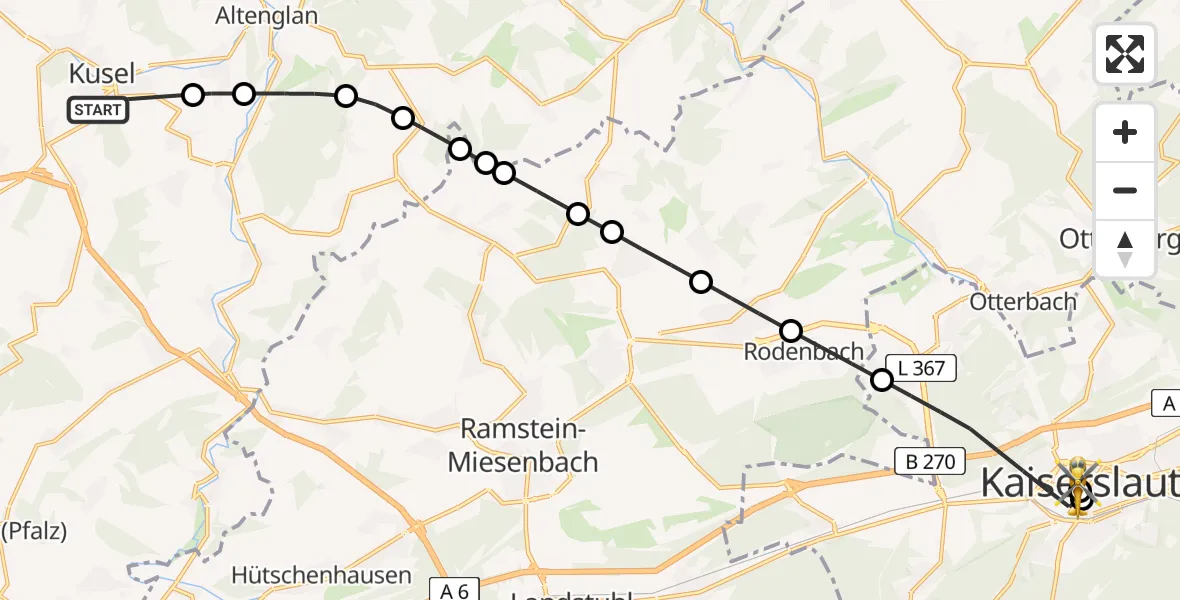 Flugroute Rettungshubschrauber Kusel - Westpfalz Hospital Kaiserslautern, 16 Juni 2026, 14:49
