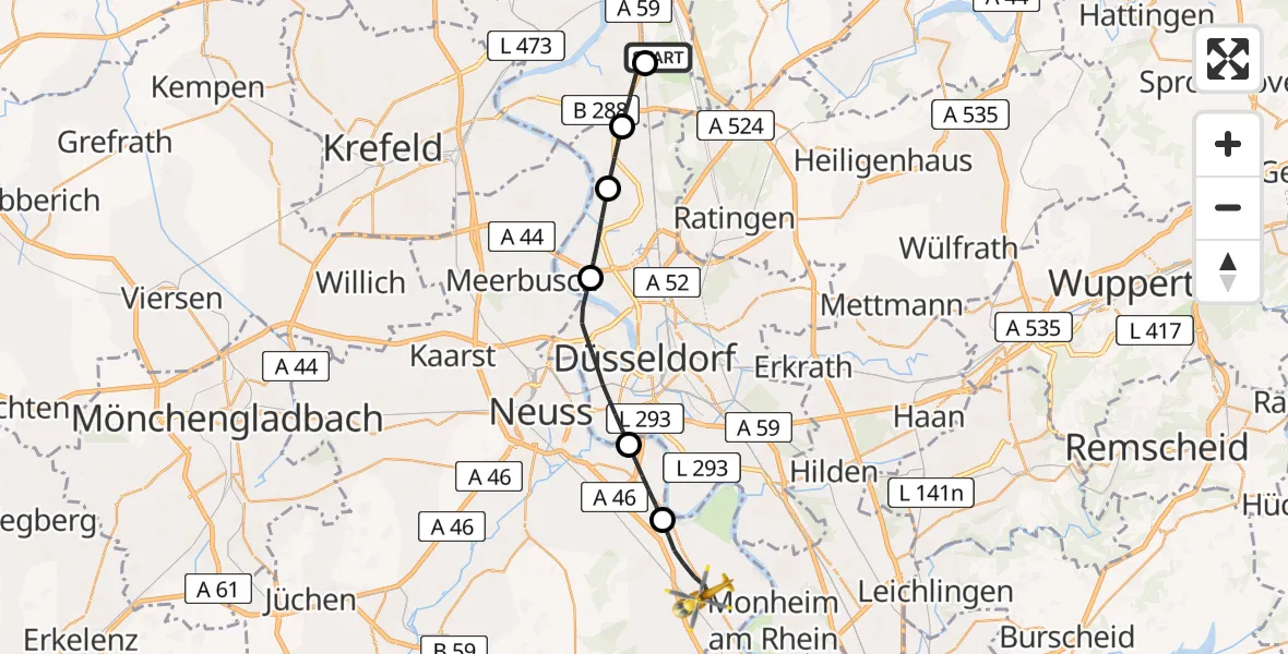 Flugroute Rettungshubschrauber Duisburg Air Rescue Hubschrauberlandeplatz (Christoph 9) - Dormagen, 16 Juni 2026, 14:52