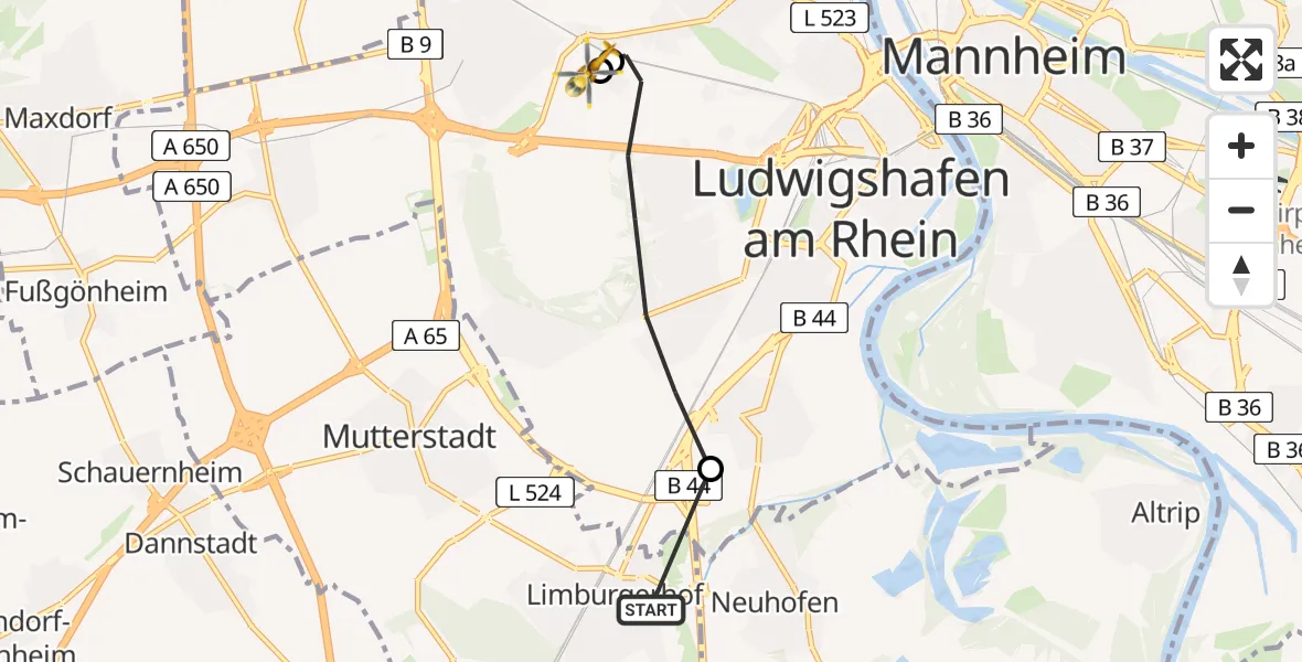 Flugroute Rettungshubschrauber Limburgerhof - Ludwigshafen Accident Hospital, 16 Juni 2026, 14:56