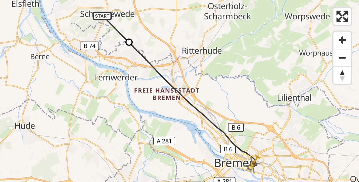 Flugroute Rettungshubschrauber Schwanewede - Bremen, 16 Juni 2026, 14:56