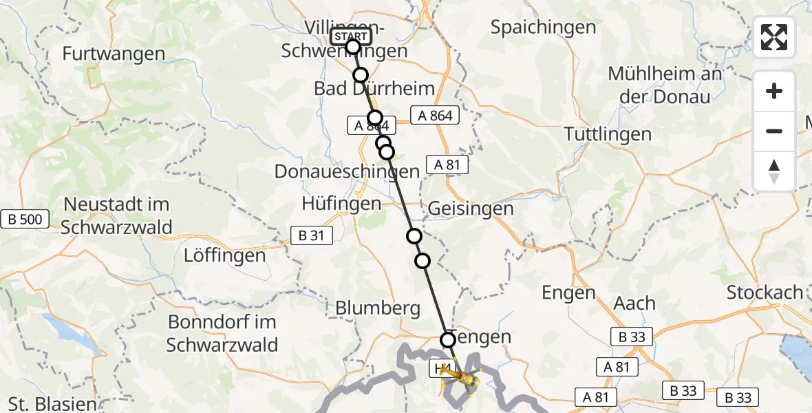 Flugroute Ambulanzhubschrauber DRF Air Rescue Station Villingen-Schwenningen Hubschrauberlandeplatz (Christoph 11) - Tengen, 16 Juni 2026, 14:57