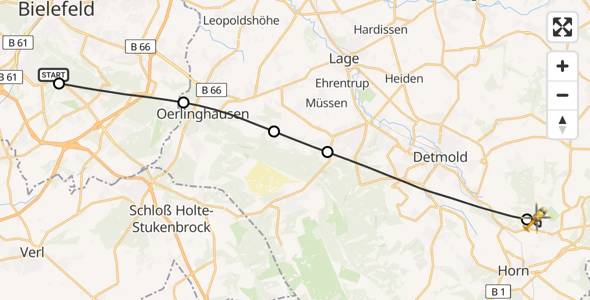 Flugroute Rettungshubschrauber Luftrettungszentrum Bielefeld - Horn-Bad Meinberg, 16 Juni 2026, 14:58