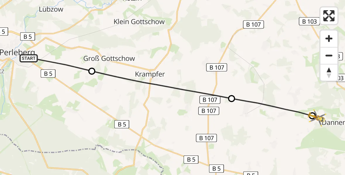 Flugroute Rettungshubschrauber Perleberg - Gumtow, 16 Juni 2026, 15:00