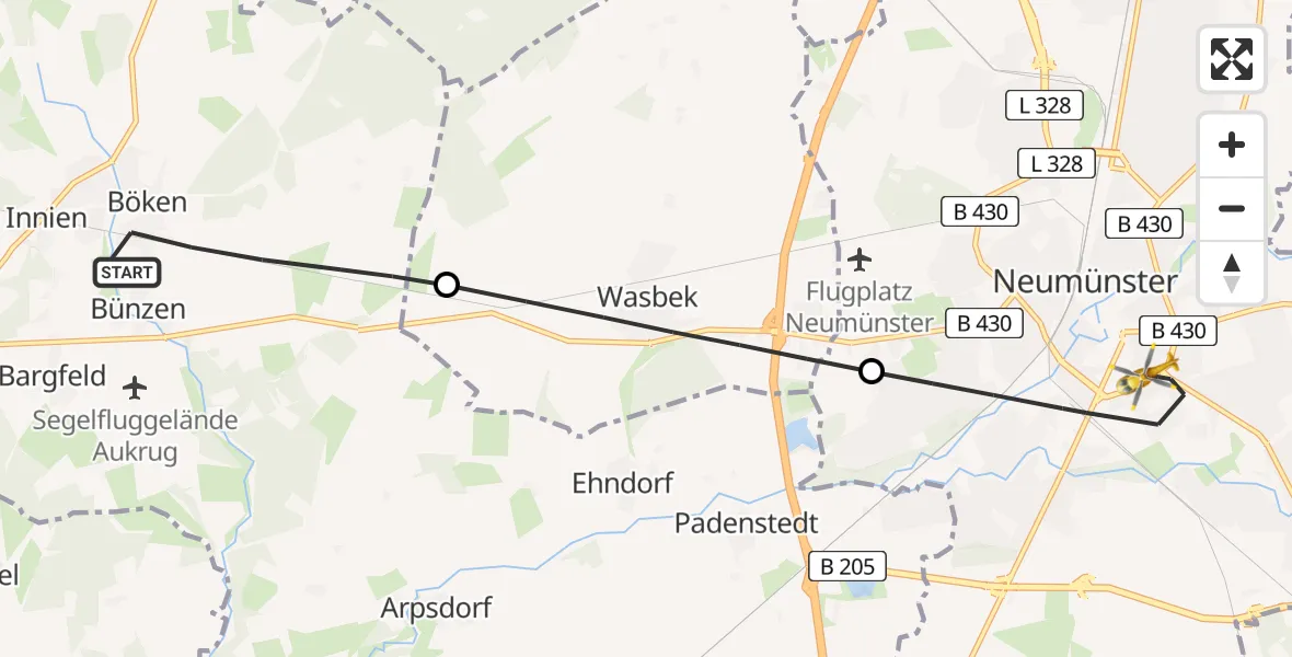 Flugroute Rettungshubschrauber Aukrug - Neumünster, 16 Juni 2026, 15:05