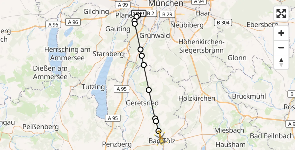 Flugroute Rettungshubschrauber DRF Air Rescue München Hubschrauberlandeplatz - Bad Tölz, 16 Juni 2026, 15:05
