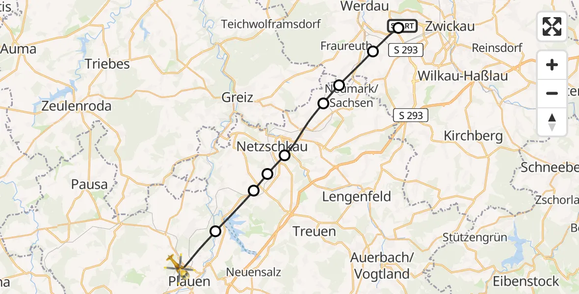 Flugroute Rettungshubschrauber ADAC Air Rescue Station Zwickau Hubschrauberlandeplatz - Plauen, 16 Juni 2026, 15:07