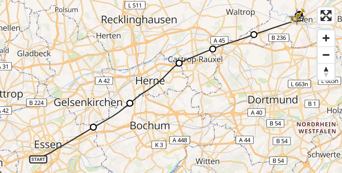 Flugroute Rettungshubschrauber Essen - Sankt Marien Hospital, 16 Juni 2026, 15:09