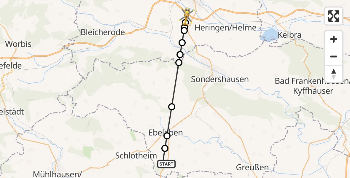 Flugroute Rettungshubschrauber Ebeleben - Nordhausen, 16 Juni 2026, 15:14