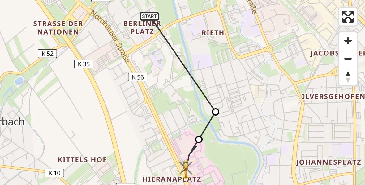 Flugroute Rettungshubschrauber Erfurt - Helios Clinic Erfurt, 16 Juni 2026, 15:14