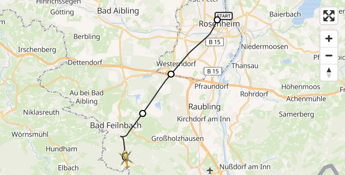 Flugroute Rettungshubschrauber RoMed Hospital Rosenheim - Bad Feilnbach, 16 Juni 2026, 15:17