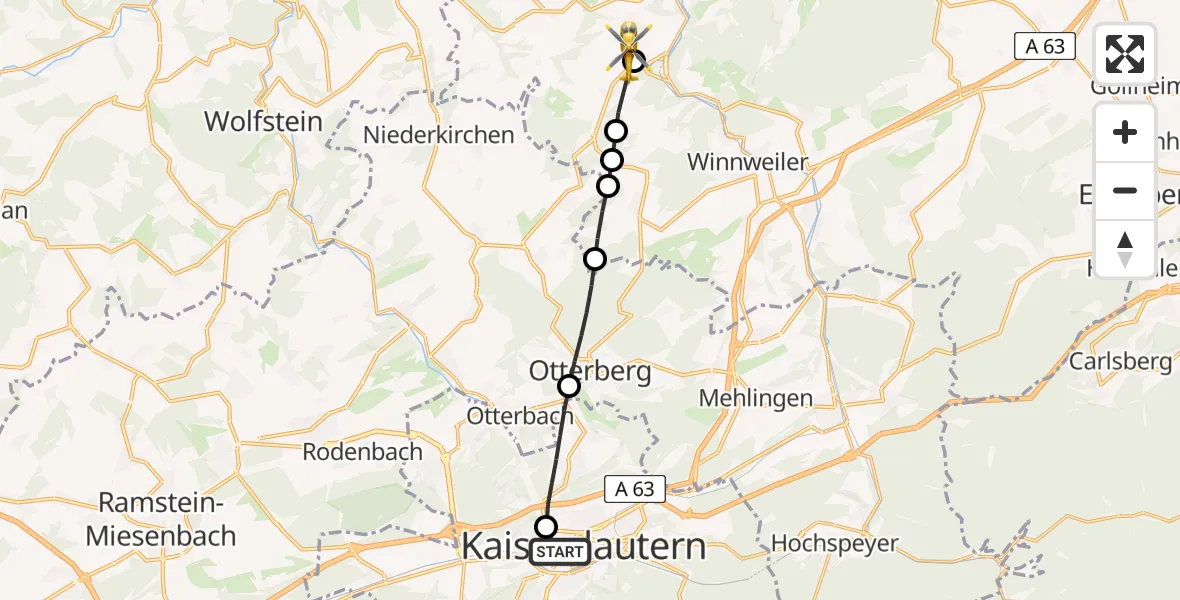 Flugroute Rettungshubschrauber Westpfalz Hospital Kaiserslautern - Imsweiler UL, 16 Juni 2026, 15:19