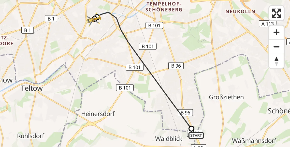 Flugroute Rettungshubschrauber Blankenfelde-Mahlow - Charité Clinic Benjamin Franklin Campus, 16 Juni 2026, 15:22