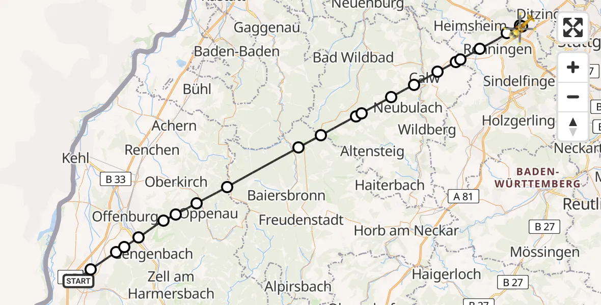 Flugroute Rettungshubschrauber Lahr Flughafen - Leonberg Hospital, 16 Juni 2026, 15:22