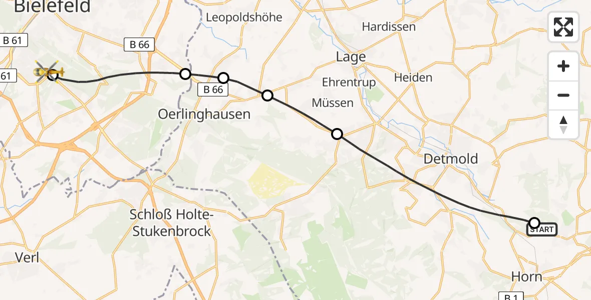 Flugroute Rettungshubschrauber Horn-Bad Meinberg - Luftrettungszentrum Bielefeld, 16 Juni 2026, 15:23