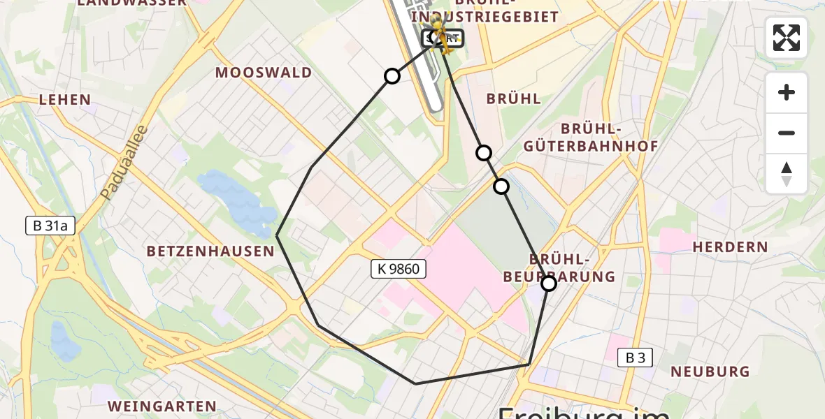 Flugroute Ambulanzhubschrauber Freiburg im Breisgau Flugplatz - Freiburg im Breisgau Flugplatz, 16 Juni 2026, 15:27