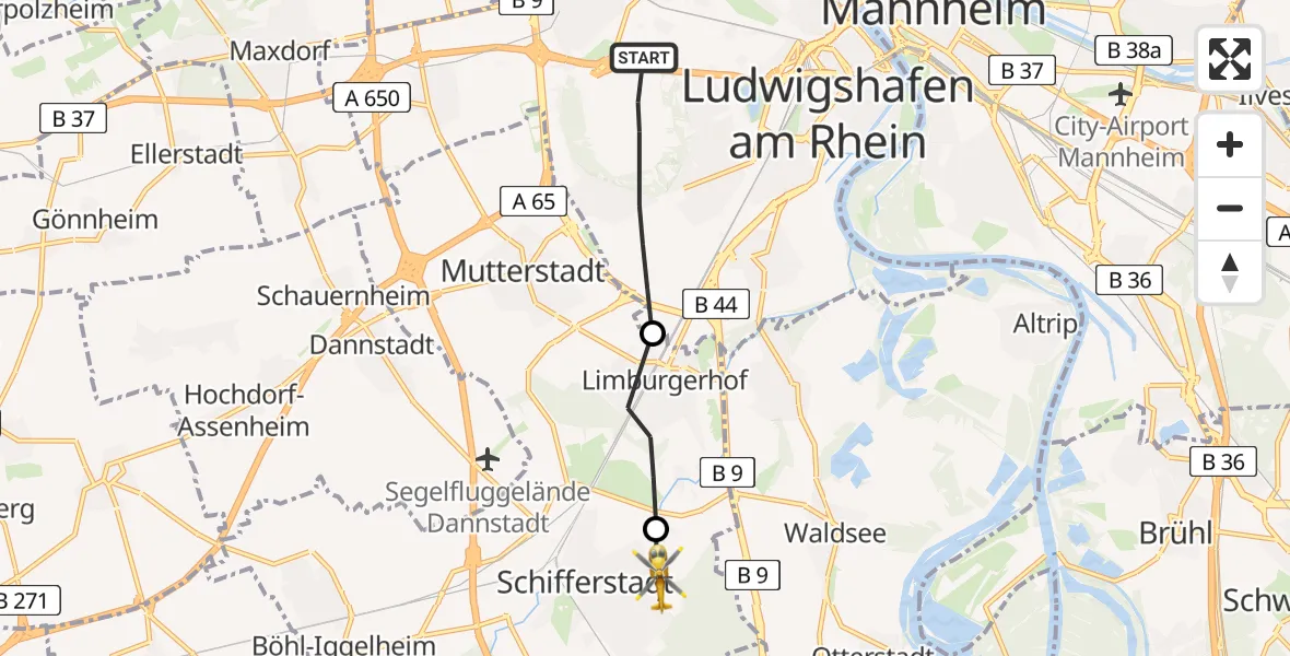 Flugroute Rettungshubschrauber Ludwigshafen am Rhein - Schifferstadt, 16 Juni 2026, 15:32