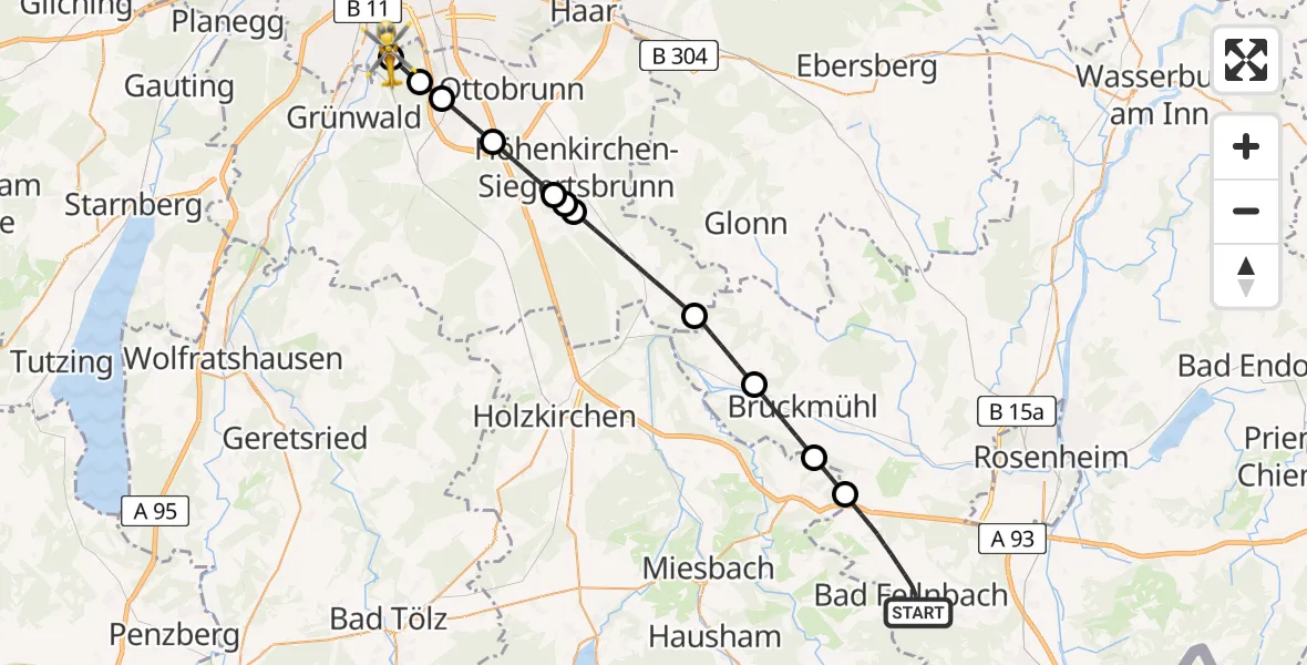Flugroute Rettungshubschrauber Bad Feilnbach - ADAC Air Rescue Center Hubschrauberlandeplatz (Christoph 1), 16 Juni 2026, 15:35