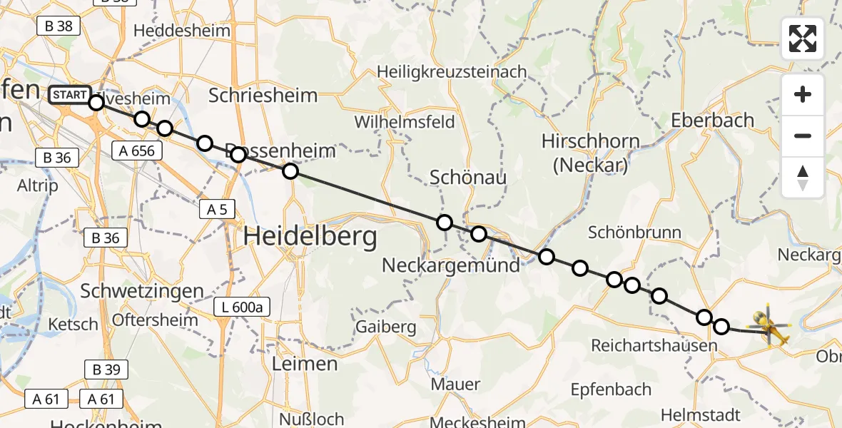 Flugroute Rettungshubschrauber Mannheim-City Flughafen - Aglasterhausen, 16 Juni 2026, 15:37