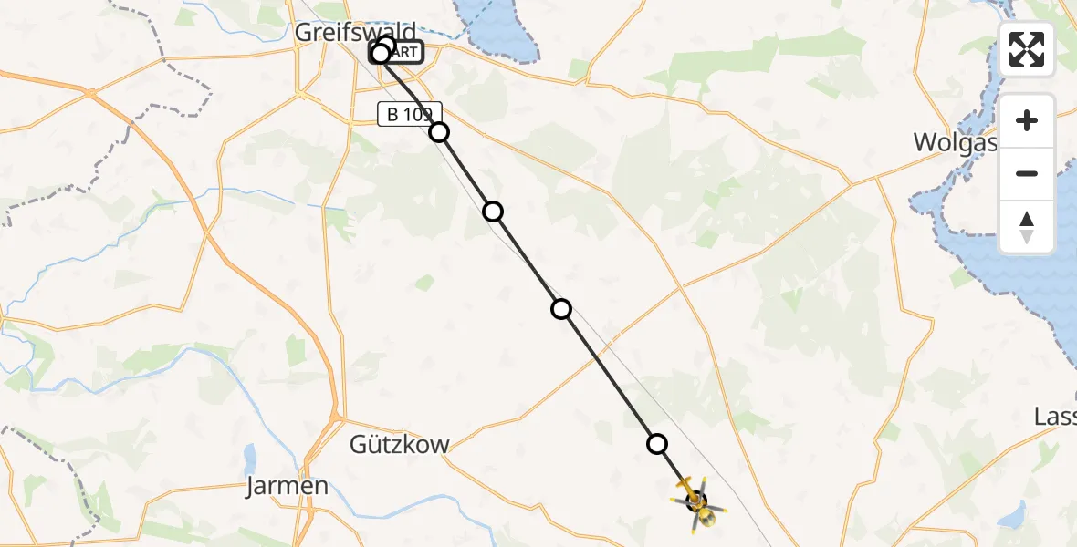 Flugroute Rettungshubschrauber Greifswald Hospital - Klein Bünzow, 16 Juni 2026, 15:37