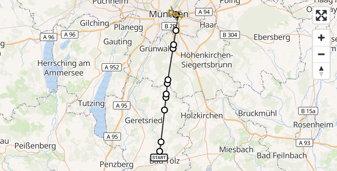 Flugroute Rettungshubschrauber Bad Tölz - Rechts der Isar University Hospital, 16 Juni 2026, 15:39