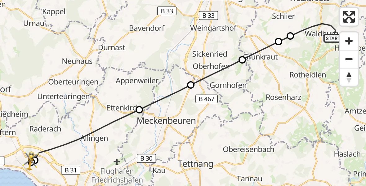 Flugroute Rettungshubschrauber Waldburg - Friedrichshafen Hospital, 16 Juni 2026, 15:42