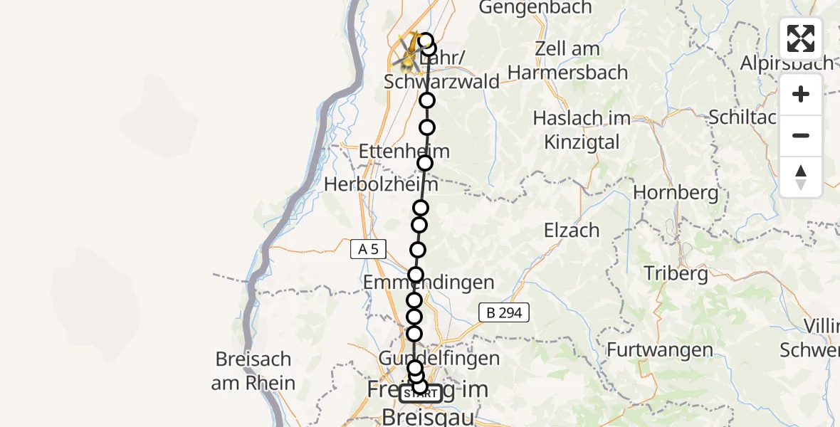 Flugroute Rettungshubschrauber Freiburg University Hospital Heliport 1 - Lahr Flughafen, 16 Juni 2026, 15:42