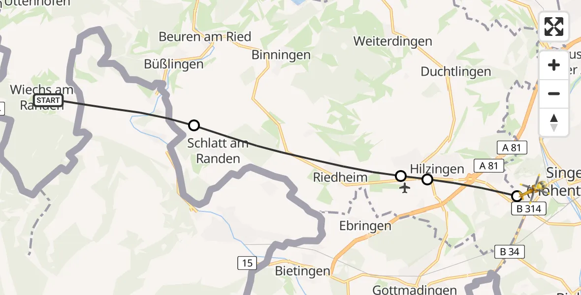 Flugroute Ambulanzhubschrauber Tengen - Singen (Hohentwiel), 16 Juni 2026, 15:43