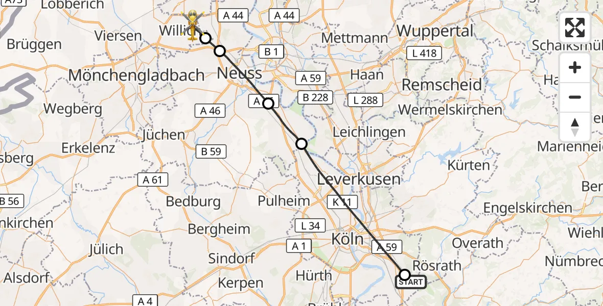 Flugroute Rettungshubschrauber Köln Bonn Flughafen - Willich, 16 Juni 2026, 15:48