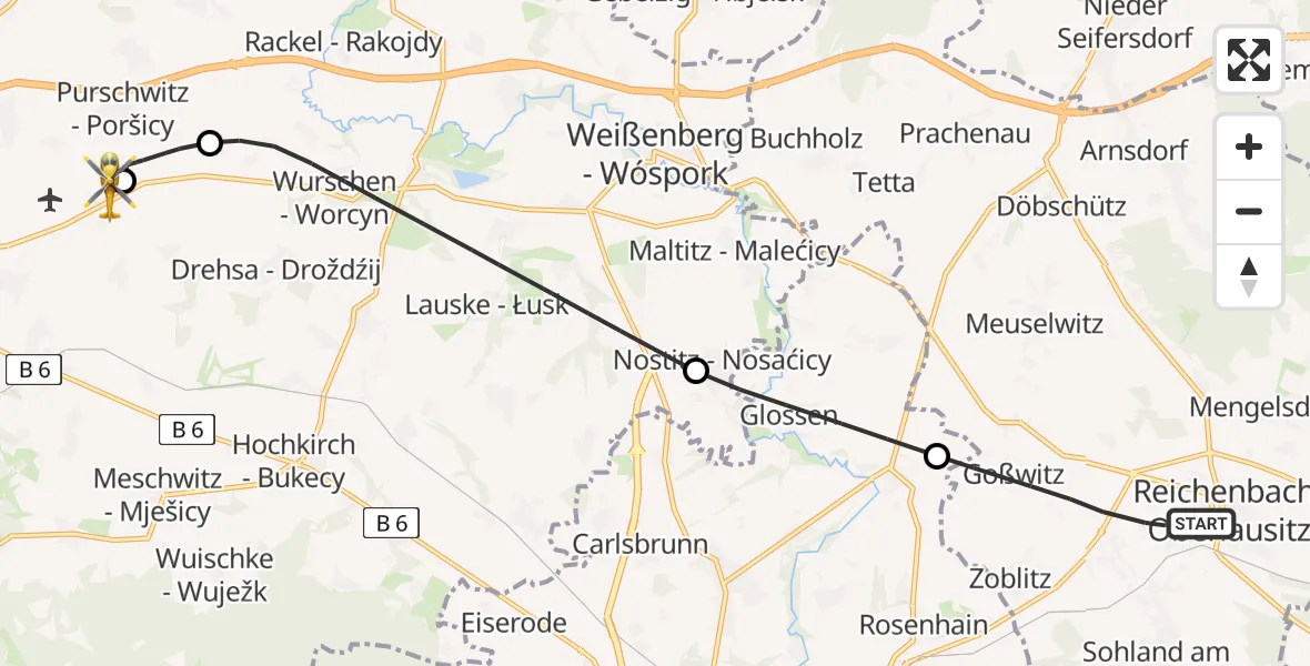Flugroute Rettungshubschrauber Reichenbach/O.L. - Bautzen Flugplatz, 16 Juni 2026, 15:48
