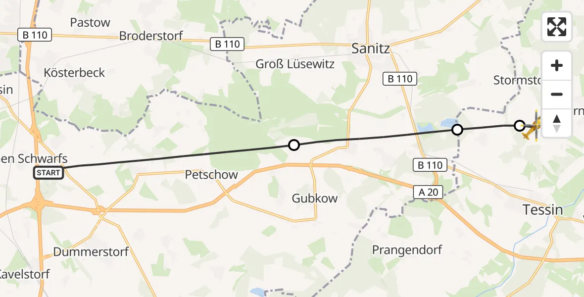 Flugroute Ambulanzhubschrauber Dummerstorf - Zarnewanz, 16 Juni 2026, 15:55