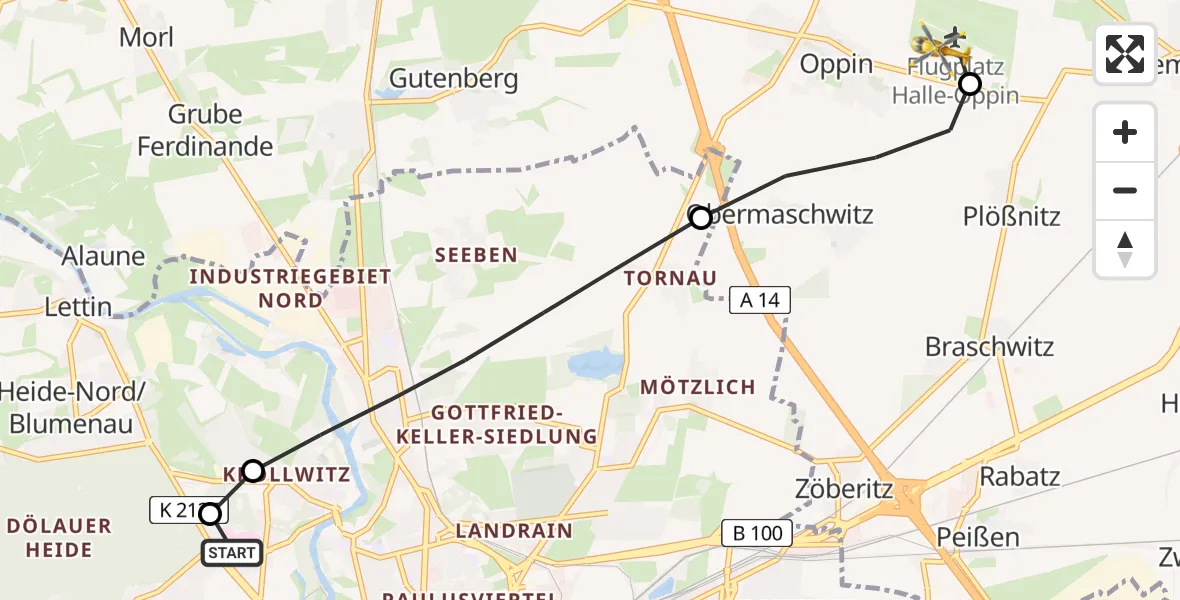Flugroute Rettungshubschrauber Halle (Saale) University Hospital - Halle-Oppin Flugplatz, 16 Juni 2026, 15:57