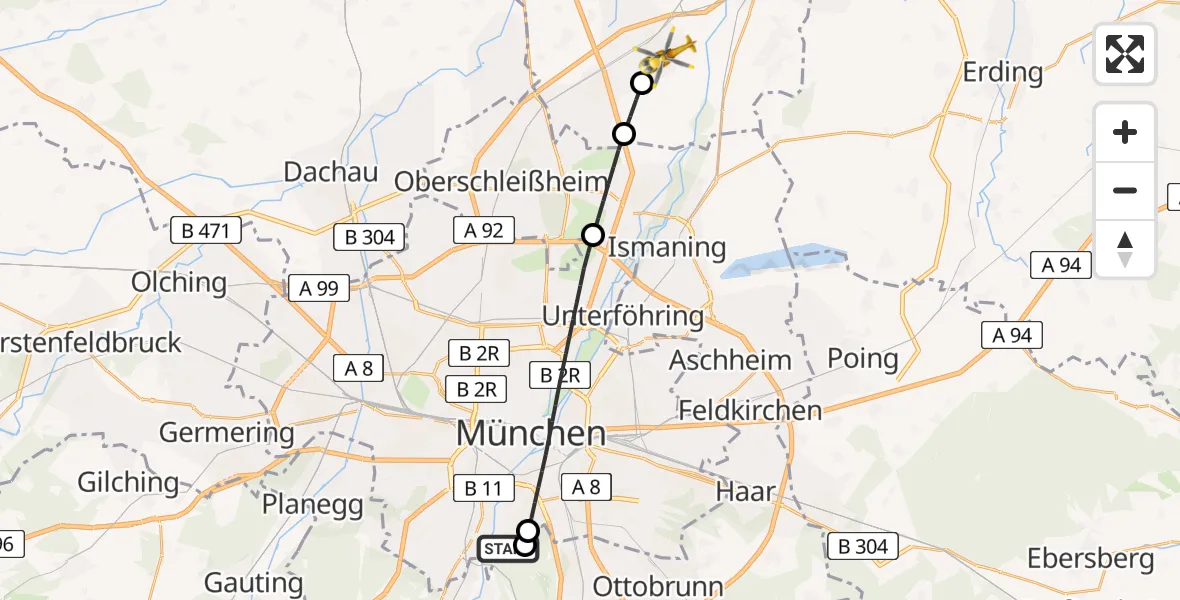 Flugroute Rettungshubschrauber ADAC Air Rescue Center Hubschrauberlandeplatz (Christoph 1) - Neufahrn b.Freising, 16 Juni 2026, 15:58