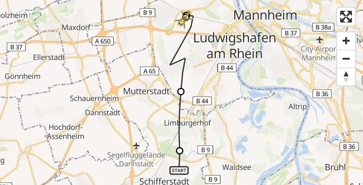 Flugroute Rettungshubschrauber Schifferstadt - Ludwigshafen Accident Hospital, 16 Juni 2026, 16:02