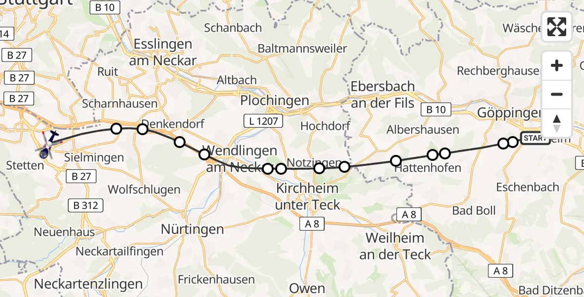 Flugroute Polizeihubschrauber Göppingen - Flughafen Stuttgart, 16 Juni 2026, 16:03