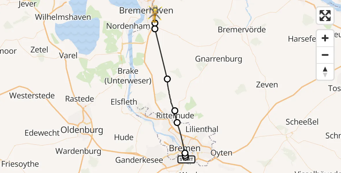 Flugroute Rettungshubschrauber ADAC Air Rescue Station Bremen Hubschrauberlandeplatz (Christoph 6) - Bremerhaven, 16 Juni 2026, 16:05