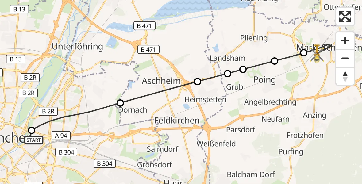 Flugroute Rettungshubschrauber Rechts der Isar University Hospital - Markt Schwaben, 16 Juni 2026, 16:13