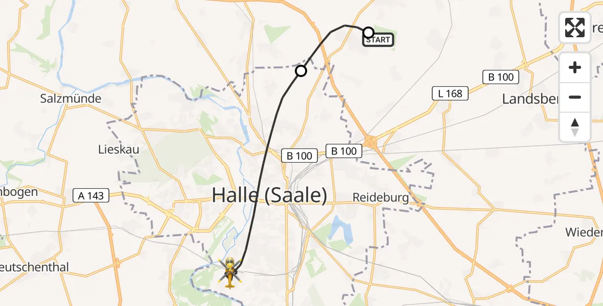 Flugroute Rettungshubschrauber Halle-Oppin Flugplatz - Halle (Saale), 16 Juni 2026, 16:16