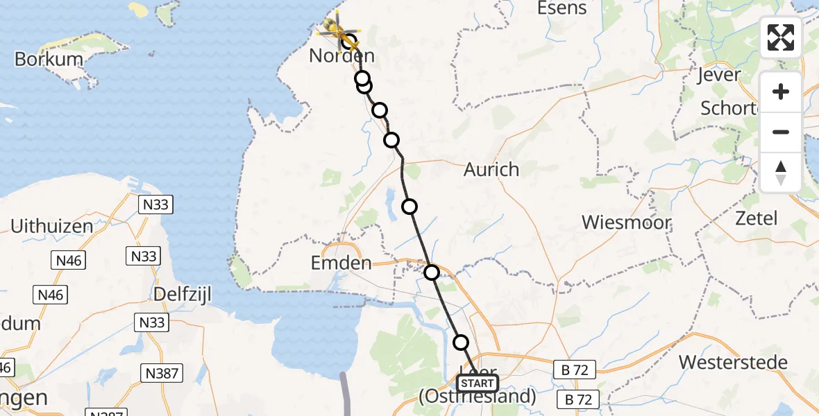 Flugroute Ambulanzhubschrauber Leer (Ostfriesland) - Norden, 16 Juni 2026, 16:17
