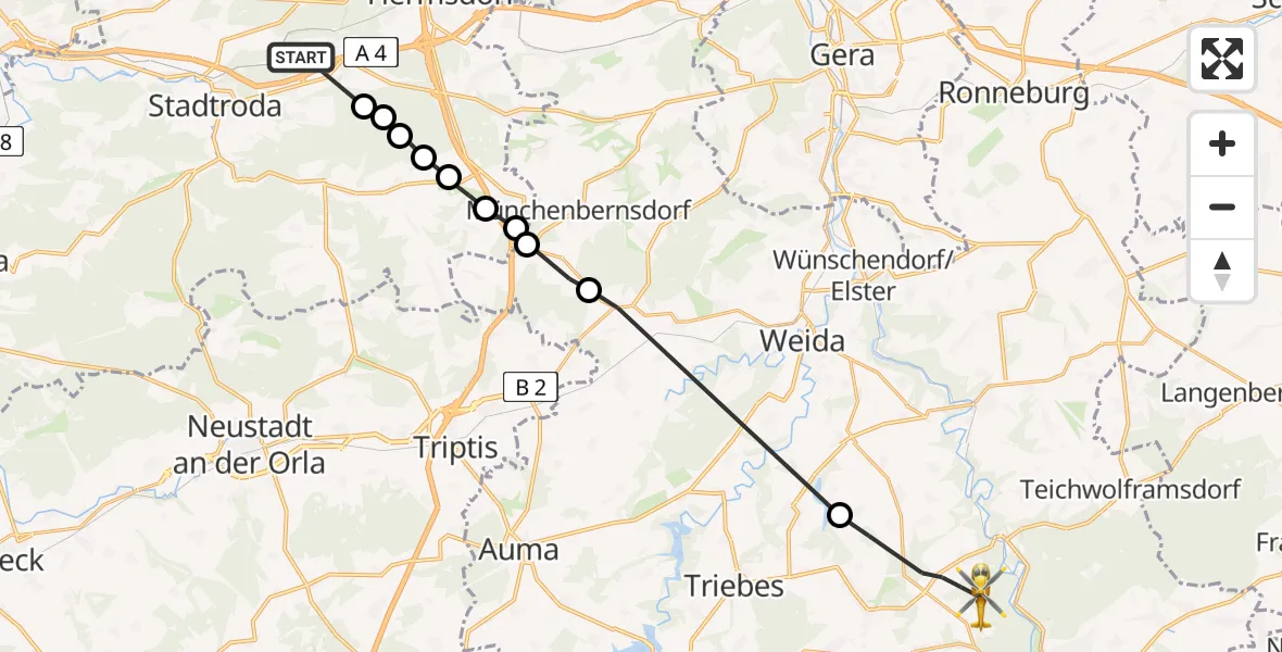 Flugroute Rettungshubschrauber Stadtroda - Greiz, 16 Juni 2026, 16:22