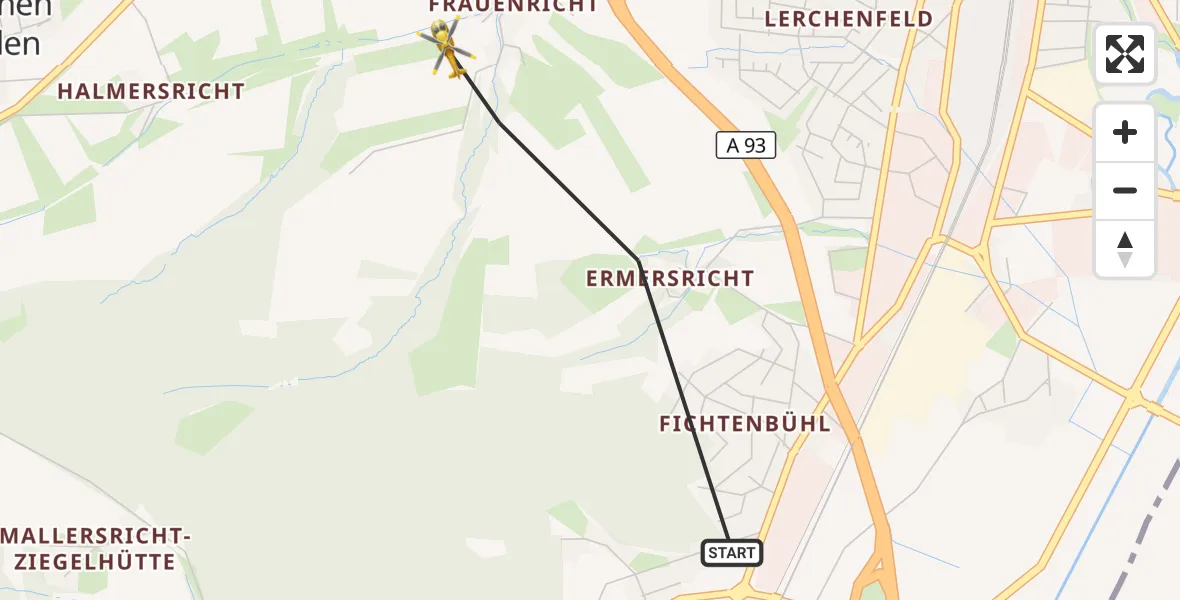 Flugroute Rettungshubschrauber Weiden i.d.OPf. - Weiden i.d.OPf., 16 Juni 2026, 16:25