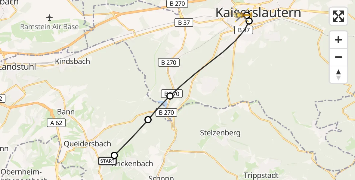 Flugroute Rettungshubschrauber Queidersbach - Westpfalz Hospital Kaiserslautern, 16 Juni 2026, 16:27