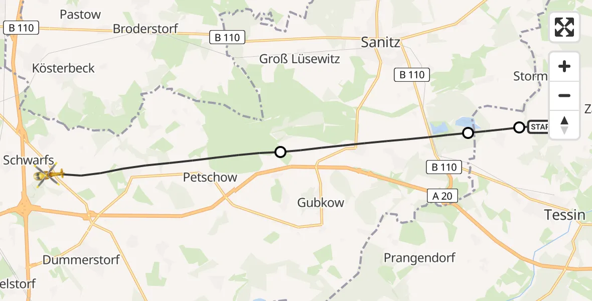 Flugroute Ambulanzhubschrauber Zarnewanz - Dummerstorf, 16 Juni 2026, 16:33