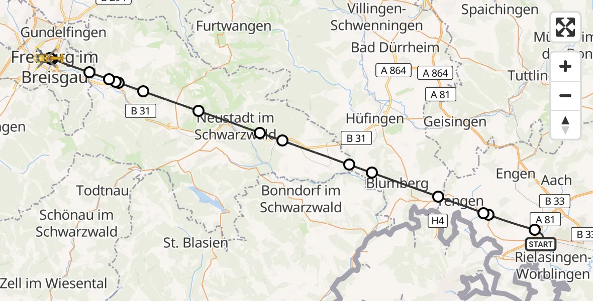 Flugroute Ambulanzhubschrauber Singen (Hohentwiel) - Freiburg University Hospital Heliport 1, 16 Juni 2026, 16:33