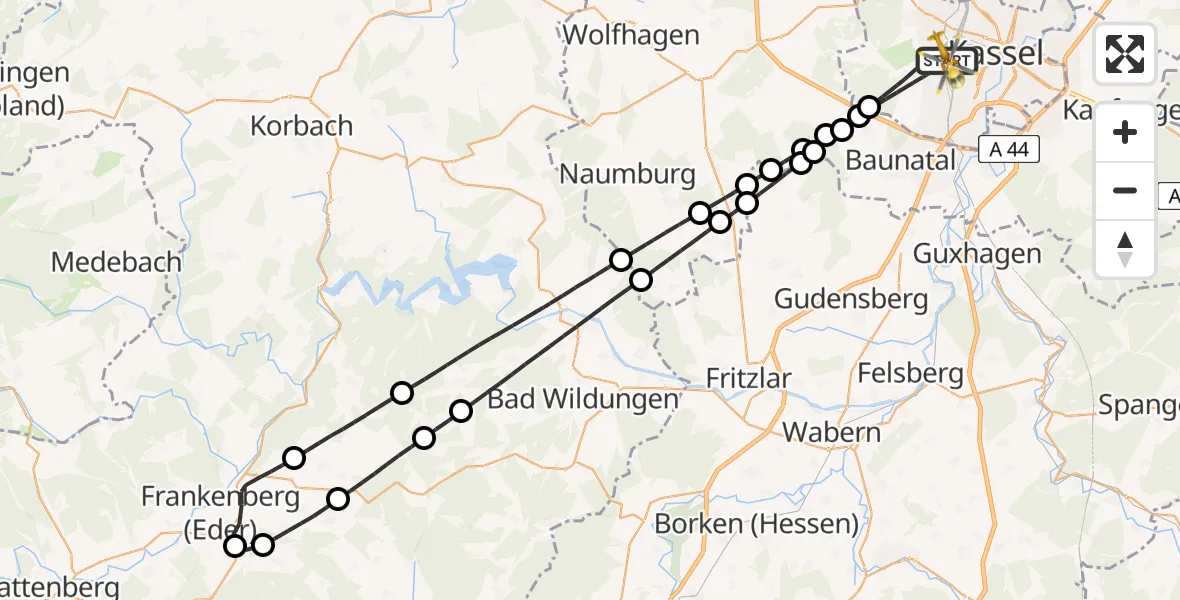 Flugroute Rettungshubschrauber Kassel - Kassel, 16 Juni 2026, 16:33