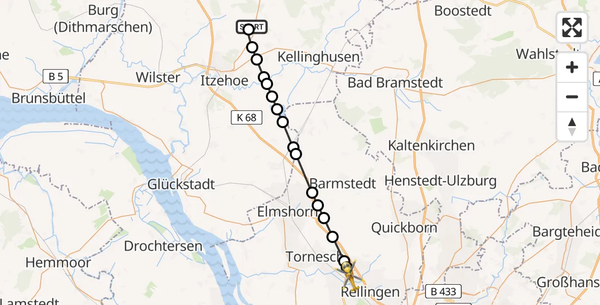 Flugroute Rettungshubschrauber Itzehoe Hungriger Wolf Flugplatz - Pinneberg, 16 Juni 2026, 16:34