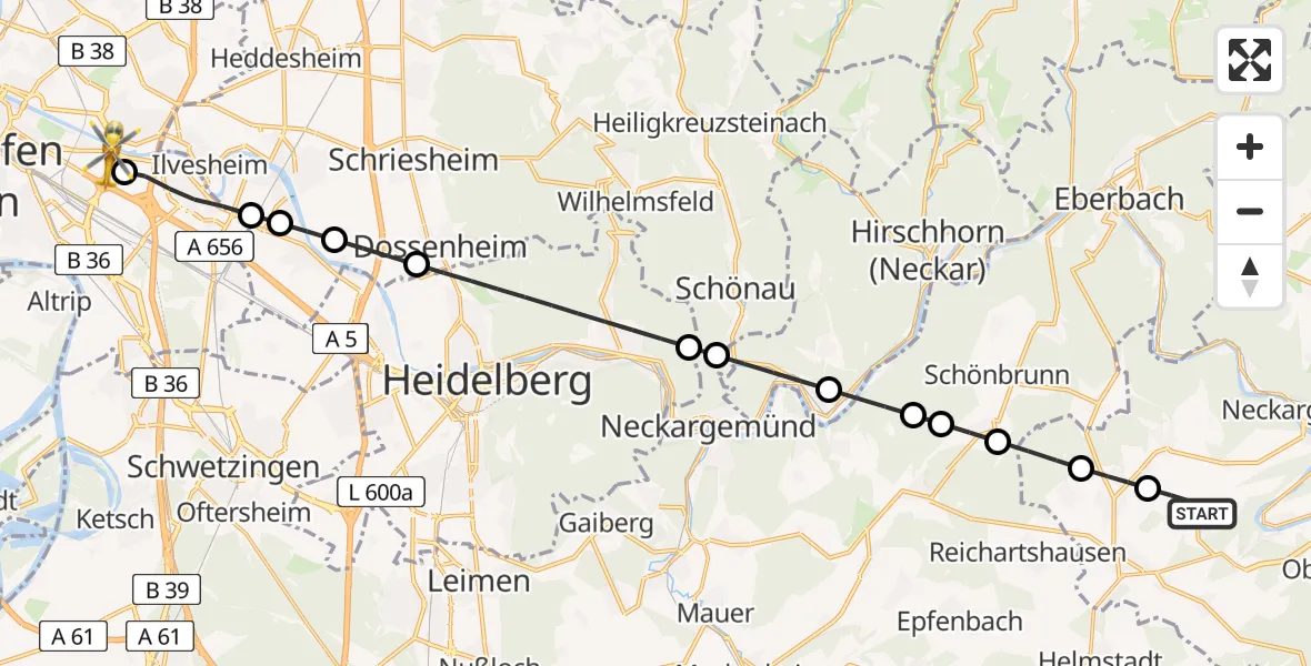 Flugroute Rettungshubschrauber Aglasterhausen - Mannheim-City Flughafen, 16 Juni 2026, 16:35